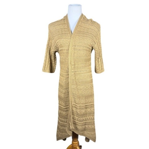 Chico's Sweaters - Chicos 2 Large Tan Cotton Cable Knit Open Front Longline Duster Cardigan Sweater